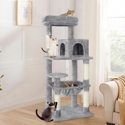 ODM disegna un albero grigio per gatti a più livelli con amaca condominiale e palo da graffio