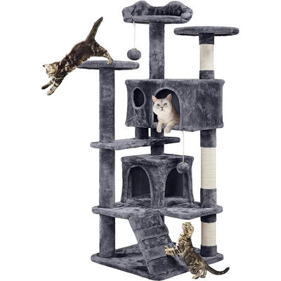 OEM/ODM Custom Luxury Dark Grey Plush Wood Multi-storey Cat Villa con Albero da arrampicata