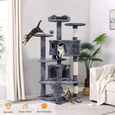 OEM/ODM Custom Luxury Dark Grey Plush Wood Multi-storey Cat Villa con Albero da arrampicata