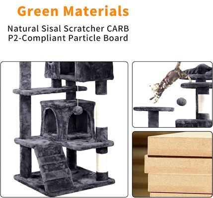 OEM/ODM Custom Luxury Dark Grey Plush Wood Multi-storey Cat Villa con Albero da arrampicata