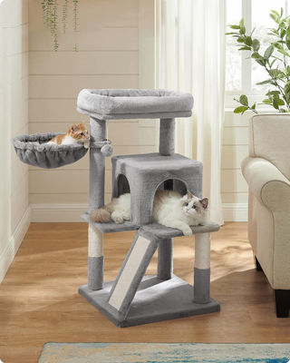 Albero di gatto grigio chiaro sostenibile con torre di giocattoli gatto condominio casa gatto e perco di peluche imbottito