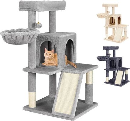 Albero di gatto grigio chiaro sostenibile con torre di giocattoli gatto condominio casa gatto e perco di peluche imbottito