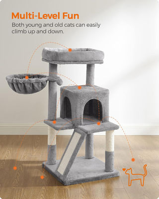 Albero di gatto grigio chiaro sostenibile con torre di giocattoli gatto condominio casa gatto e perco di peluche imbottito