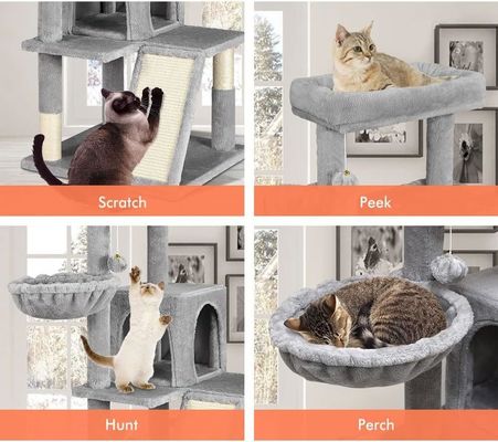 Albero di gatto grigio chiaro sostenibile con torre di giocattoli gatto condominio casa gatto e perco di peluche imbottito