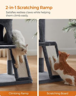 Albero di gatto grigio chiaro sostenibile con torre di giocattoli gatto condominio casa gatto e perco di peluche imbottito