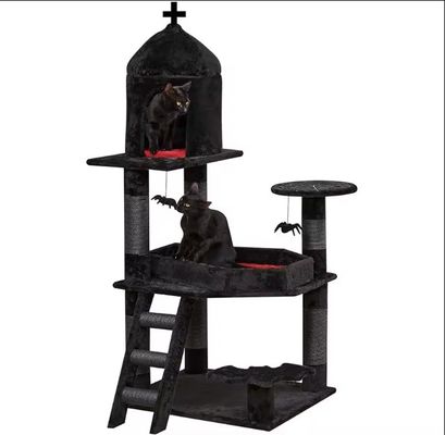 Torre di gatto gotico nero Cassaforte Letto condominio Raschiatura di pali Multilevel mobili a palla d'aragno