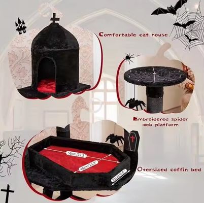 Torre di gatto gotico nero Cassaforte Letto condominio Raschiatura di pali Multilevel mobili a palla d'aragno