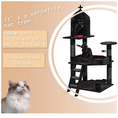 Torre di gatto gotico nero Cassaforte Letto condominio Raschiatura di pali Multilevel mobili a palla d'aragno