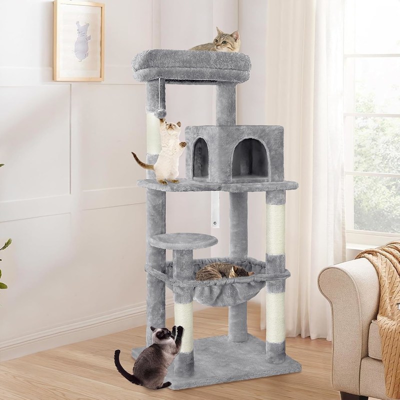 ODM disegna un albero grigio per gatti a più livelli con amaca condominiale e palo da graffio